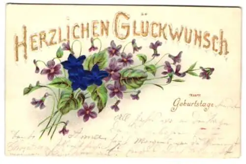 Stoff-Präge-AK Ein Blumengesteck zum Geburtstag, drei Blüten aus Stoff