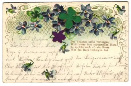 Stoff-Präge-AK Glücksklee und Veilchen im Gesteck, jeweils ein Exemplar aus Stoff
