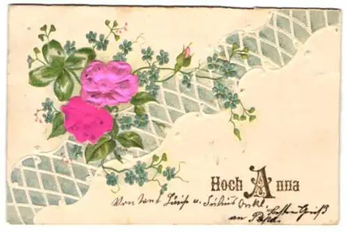 Stoff-Präge-AK Ein Blumengesteck mit zwei Rosen aus Stoff