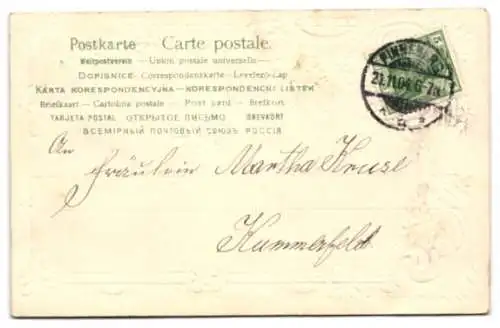 Stoff-Präge-AK Arrangement aus Vergissmeinnicht, einige Blüten aus Stoff, Geburtstagskarte