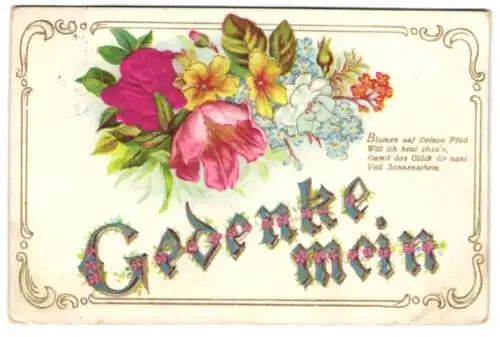 Stoff-Präge-AK Ein Blumengesteck mit einer Rose aus Stoff