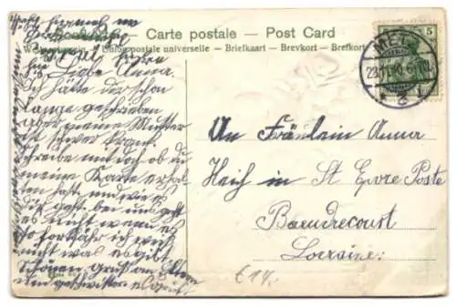 Stoff-Präge-AK Ein Blumengesteck mit einer Rose aus Stoff