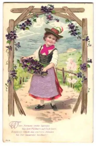 Stoff-Präge-AK Ein Mädchen mit einem Korb Blumen, Teile ihrer Tracht aus Stoff