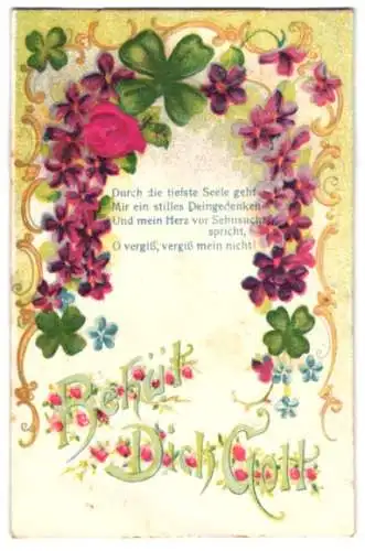Stoff-Präge-AK Ein Bogen aus Blumen und Glücksklee, eine Rose aus Stoff