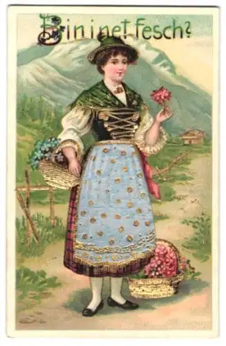 Stoff-Präge-AK Eine Dame mit zwei Körben voll Blumen in Tracht aus Stoff