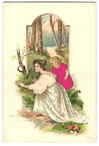 Stoff-Präge-AK Mutter und Kind suchen im Wald nach einem Veilchen