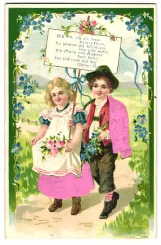 Stoff-Präge-AK Kinderpaar mit Schild und Blumen, Geburtstagsgruss