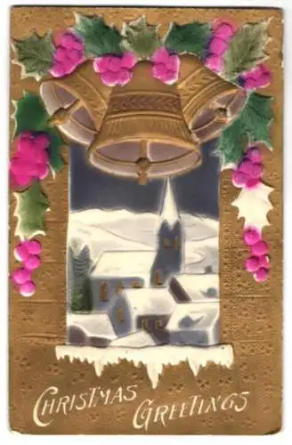 Stoff-Präge-AK Ortsansicht im Winter, Passepartout mit Glocken, Stechpalmelemente aus Stoff, Airbrush