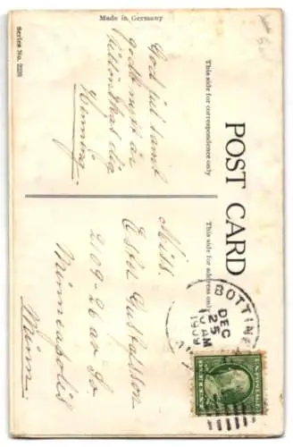 Stoff-Präge-AK Ortsansicht im Winter, Passepartout mit Glocken, Stechpalmelemente aus Stoff, Airbrush