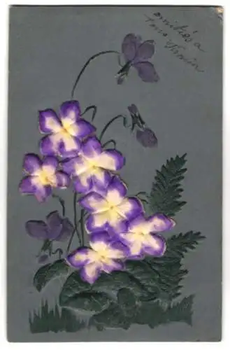 Stoff-Präge-AK Ein Veilchen-Strauch, einige Blüten aus Stoff