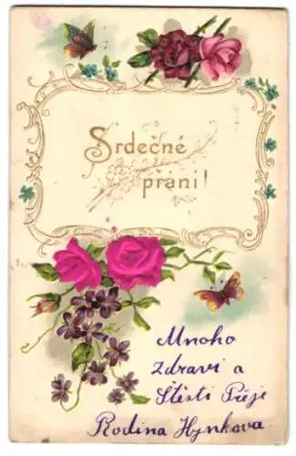 Stoff-Präge-AK Arrangement aus Blumen, zwei Rosen aus Stoff