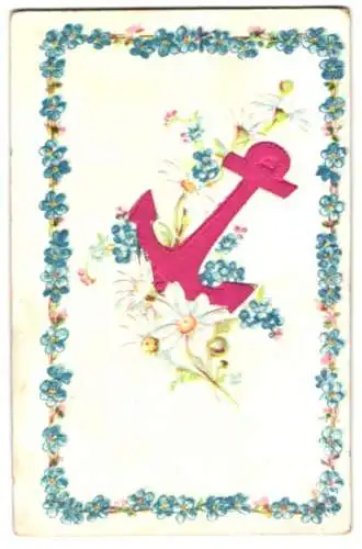 Stoff-Präge-AK Arrangement aus Vergissmeinnicht mit einem Anker aus Stoff