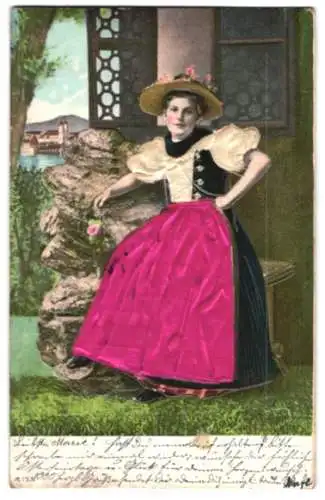 Stoff-Präge-AK Junge Frau in einem Kleid teilweise aus Stoff