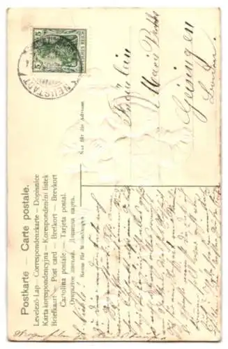 Stoff-Präge-AK Zwei Kinder in Tracht, Teile davon aus Stoff