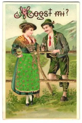 Stoff-Präge-AK Junger Mann und junge Frau beim herumschäkern, ihre Schürze aus Stoff