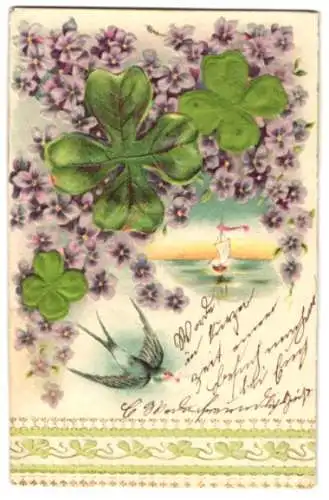 Stoff-Präge-AK Segelboot und Postschwalbe, zwei Glückskleeblätter aus Stoff