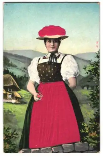 Stoff-Präge-AK Frau mit Blumenstrauss trägt Schwarzwälder Tracht