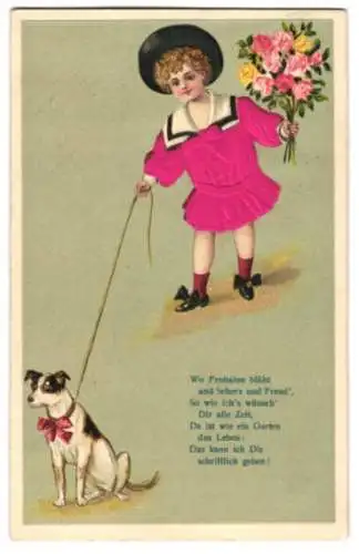Stoff-Präge-AK Ein Junge geht mit seinem Hund Gassi, das Oberteil aus Stoff