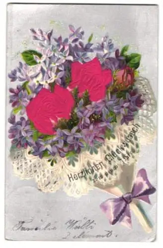 Stoff-Präge-AK Blumenstrauss zum neuen Jahr, zwei Rosen aus Stoff