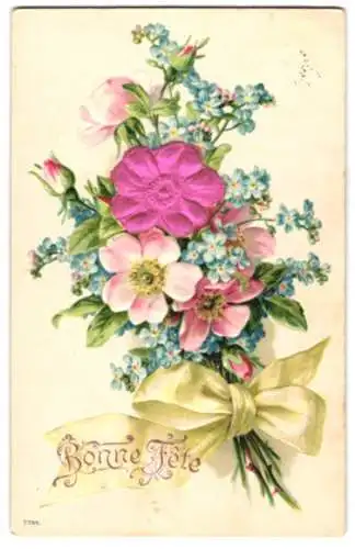 Stoff-Präge-AK Ein Blumenbouquet mit einer Blüte aus echtem Stoff