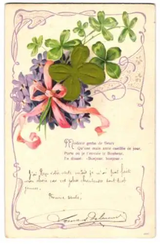 Stoff-Präge-AK Arrangement aus Veilchen und Glücksklee, ein Kleeblatt aus Stoff