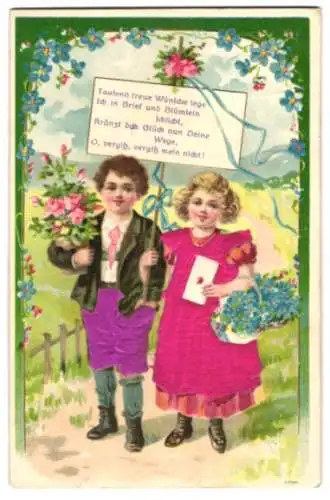 Stoff-Präge-AK Valentinsgrüsse, ein kleines Pärchen überbringt Blumen und einen Brief