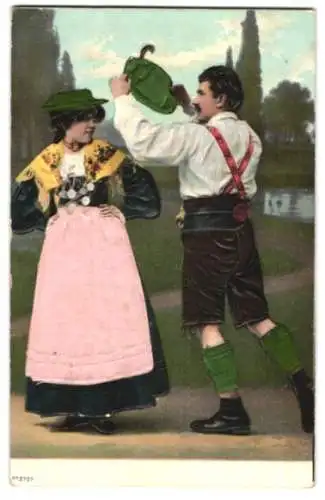 Stoff-Präge-AK Ein Mann und eine Frau in Tracht, Teile der Kleidung aus Stoff