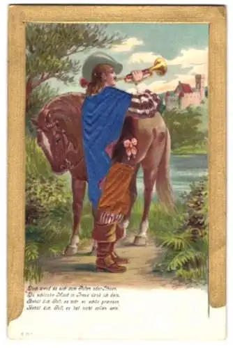 Stoff-Präge-AK Ein Edelmann neben seinem Pferd, Teile der Kleidung aus Stoff