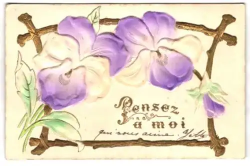 Präge-Airbrush-AK Blühende lila Blumen