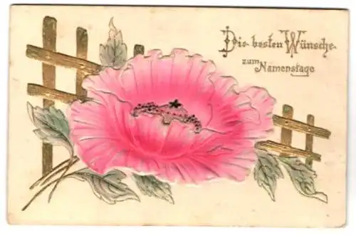 Präge-Airbrush-AK Blühende Blume mit Zaun