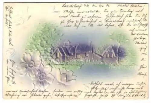 Präge-Airbrush-AK Dorfidyll mit Blumen