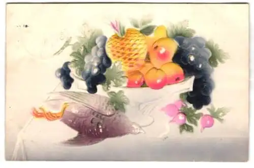 Präge-Airbrush-AK Obstkorb mit Vogel