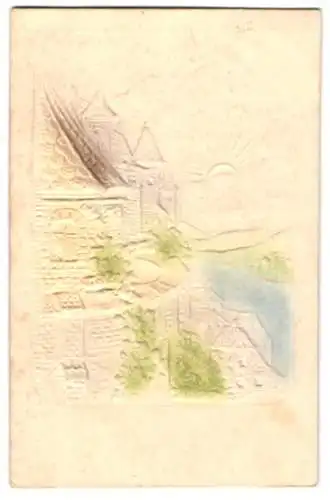 Präge-Airbrush-AK Burg mit Fluss