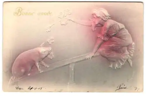Präge-Airbrush-AK Schwein, Glücksklee, Mädchen auf einer Wippe