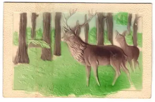 Präge-Airbrush-AK Hirsche im Wald