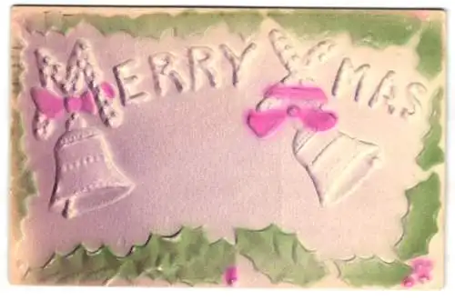 Präge-Airbrush-AK Weihnachtsglocken mit Schleifen