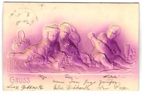 Präge-Airbrush-AK Kinder beim Picknick