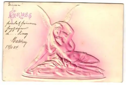 Präge-Airbrush-AK Engel in Umarmung