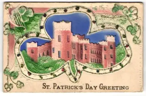 Präge-Airbrush-AK Burg mit Glücksklee, St. Patricks Day