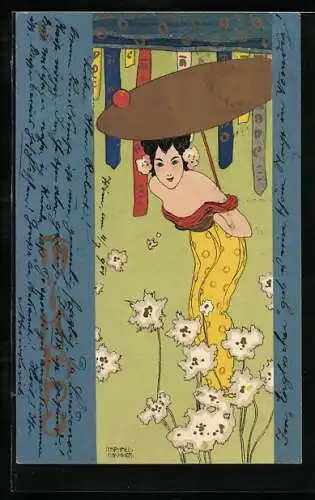 Künstler-AK Raphael Kirchner: Asiatin mit Sonnenschirm und neugierigem Blick