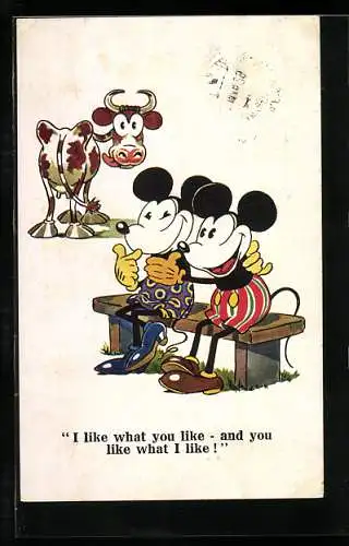 AK Mickey Mouse und Minnie-Mouse sitzen verliebt auf einer Bank