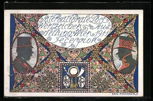 Künstler-AK sign. Erw. Puchinger: Internationale Postwertzeichen-Ausstellung 1911 in der Secession, Postillon