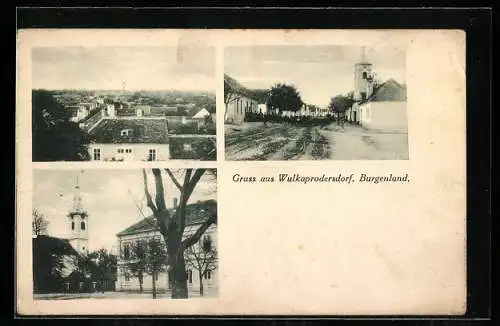 AK Wulkaprodersdorf, Strassenpartie im Ortskern, Kirche, Ortsansicht aus der Vogelschau