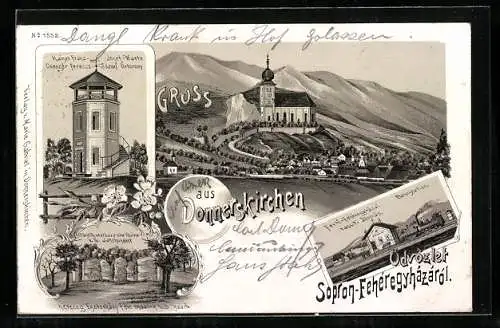 Lithographie Donnerskirchen, Kaiser Franz-Josef-Warte, Bahnhof mit einfahrendem Zug