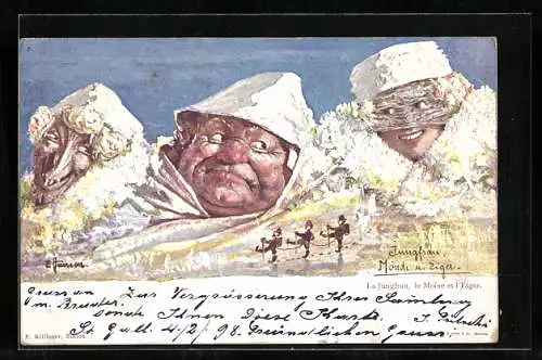 Künstler-AK sign. E. Hansen /Emil Nolde: Jungfrau, Mönch und Eiger, Berg mit Gesicht / Berggesichter