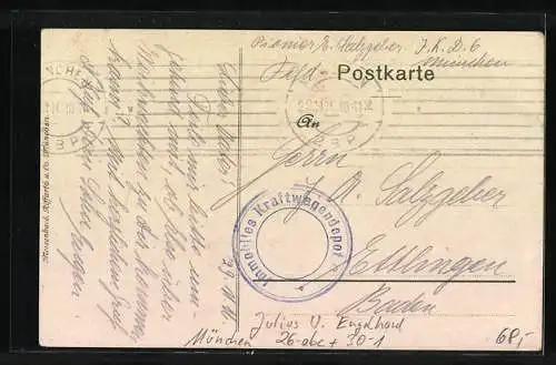 Künstler-AK sign. Julius U. Engelhard: München, Auto der Kraftfahr-Ersatz-Abteilung, Rotes Kreuz