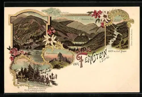 Lithographie Fernstein, Ortsansicht, Kregerbach-Wasserfall, Sigmundsburg