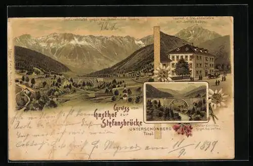 Lithographie Schönberg im Stubaital, Unterschönberg, Gasthof zur Stefansbrücke, Ortsansicht, Innsbrucker Tauern