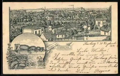 Vorläufer-Lithographie Hamburg-Harburg, 1891, Blick über den Stadtteil, Elbbrücke
