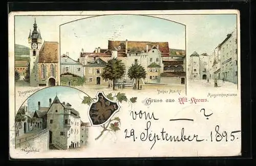 Vorläufer-Lithographie Krems, 1895, Hoher Markt, Margarethenstrasse, Wegscheid, Piaristenkirche, Wappen